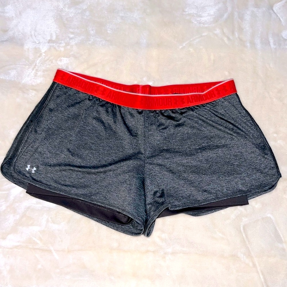 🔴 CLEARANCE🔖 UNDER ARMOUR 🩳 2-in-1 GRAY/RED ATHLETIC COMPRESSION SHORTS XXL